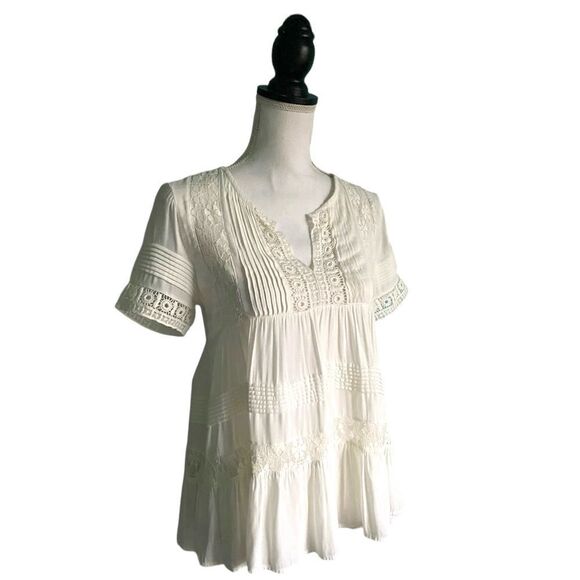 Maeve Boho Tiered Lace Crochet Tunic Top Ivory White Women’s Size Extra Small XS - Picture 4 of 9